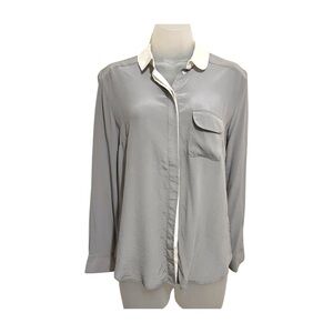 Topshop 100% Silk Grey with White Collar Long Sleeve Button Up shirt